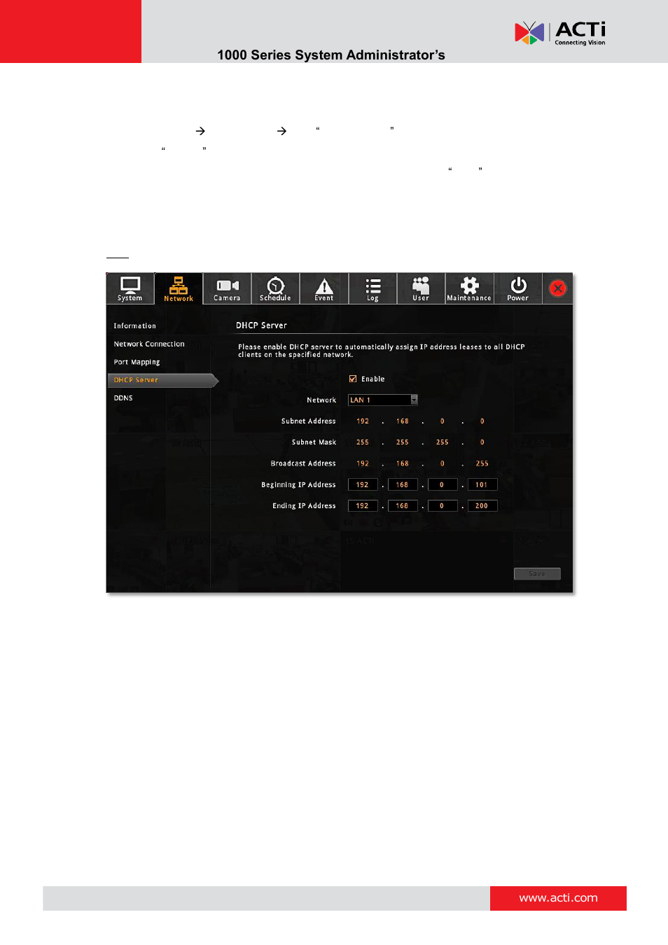 Enable dhcp server | ACTi ENR-1000 User Manual | Page 55 / 143