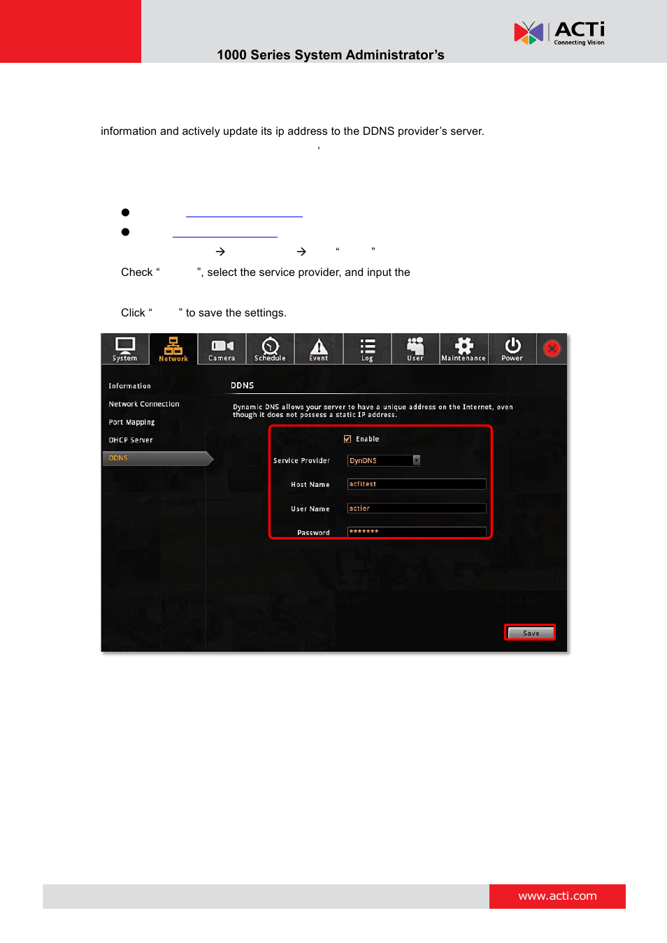 Enable ddns service, Enr- 1000 series system administrator’s manual | ACTi ENR-1000 User Manual | Page 56 / 143