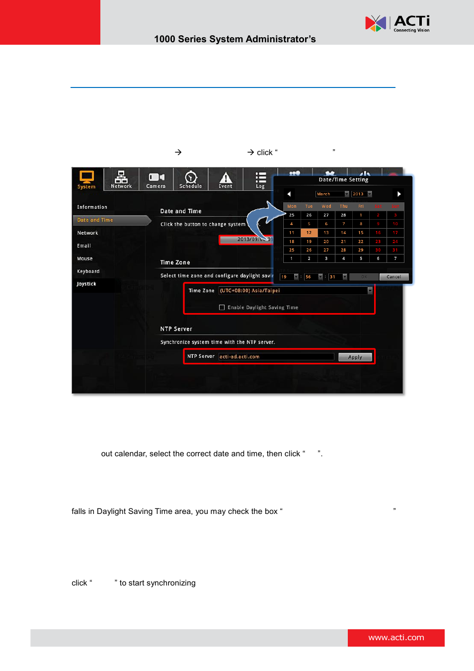 Date & time, Setup manually, Synchronize with time zone | ACTi ENR-1000 User Manual | Page 57 / 143