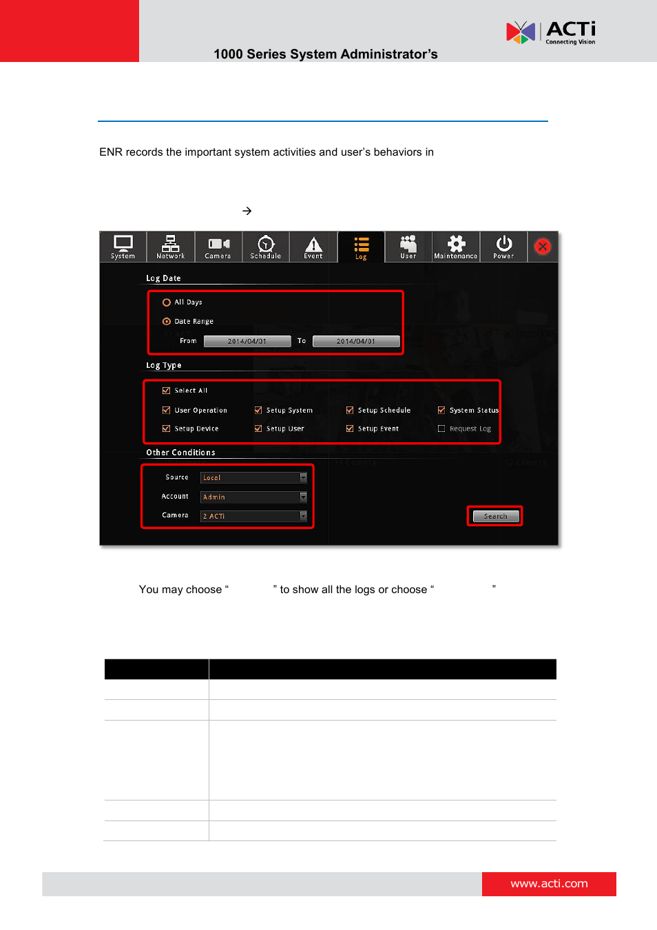 System log, Enr- 1000 series system administrator’s manual | ACTi ENR-1000 User Manual | Page 75 / 143