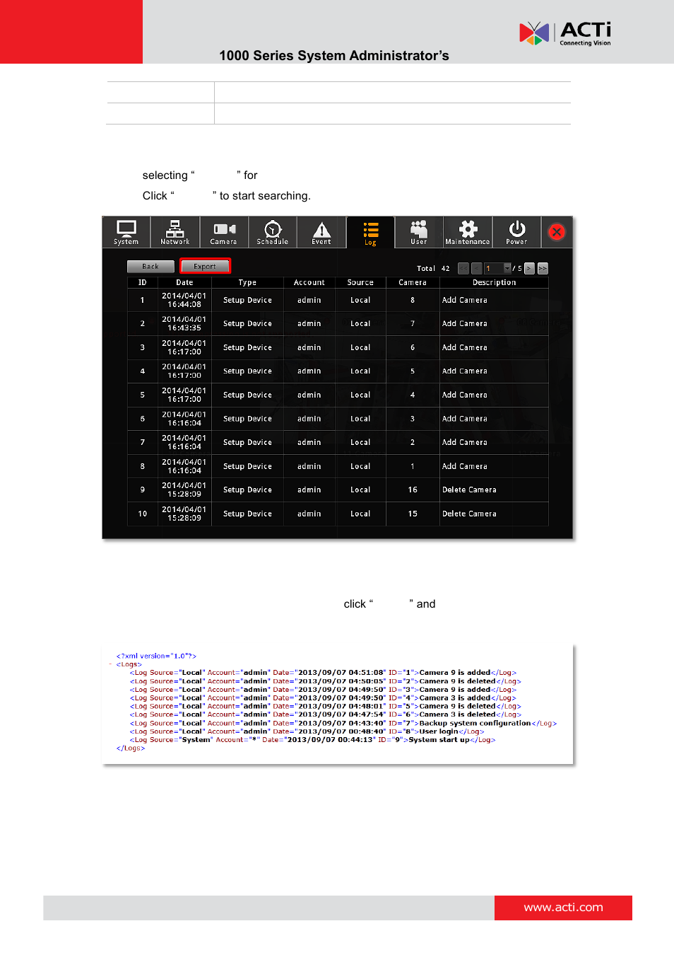 Export system log | ACTi ENR-1000 User Manual | Page 76 / 143