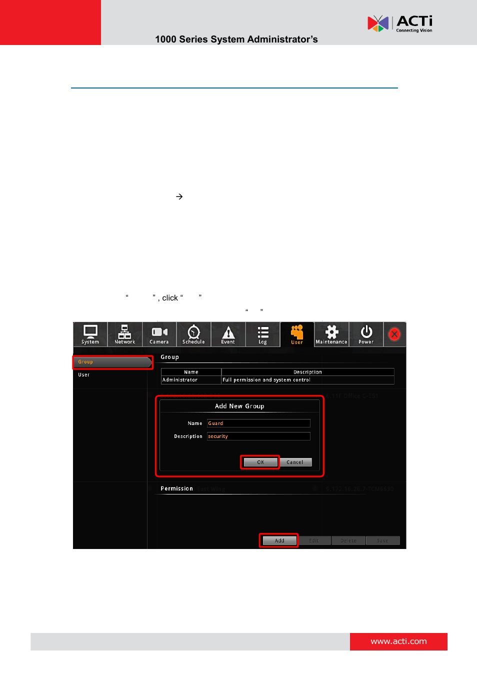 User group management, Add a group, Enr- 1000 series system administrator’s manual | ACTi ENR-1000 User Manual | Page 77 / 143