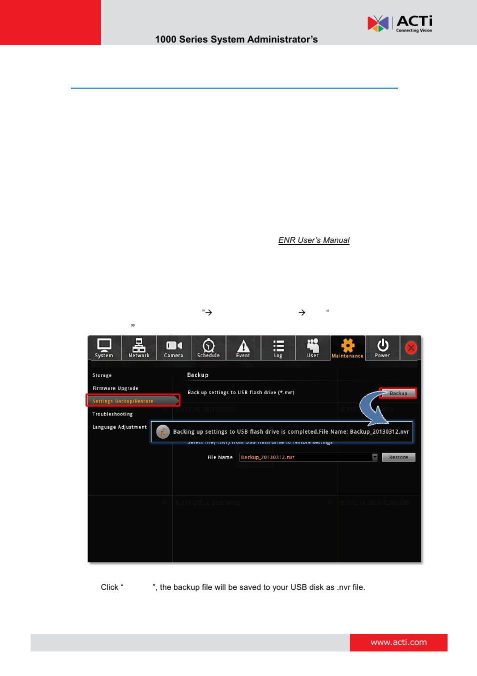 Backup / restore settings, Backup, Enr- 1000 series system administrator’s manual | ACTi ENR-1000 User Manual | Page 81 / 143
