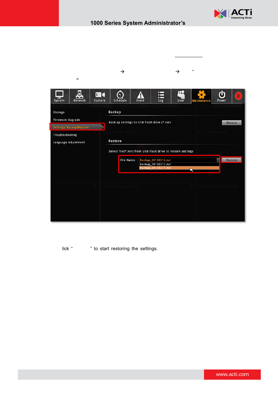 Restore, Enr- 1000 series system administrator’s manual | ACTi ENR-1000 User Manual | Page 82 / 143