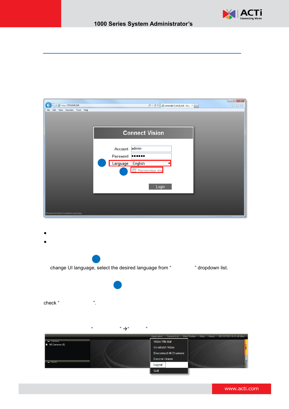 Log in / out, Log in, Enter account & password | Change ui language, Remember login information, Log out, A1 b b a | ACTi ENR-1000 User Manual | Page 91 / 143