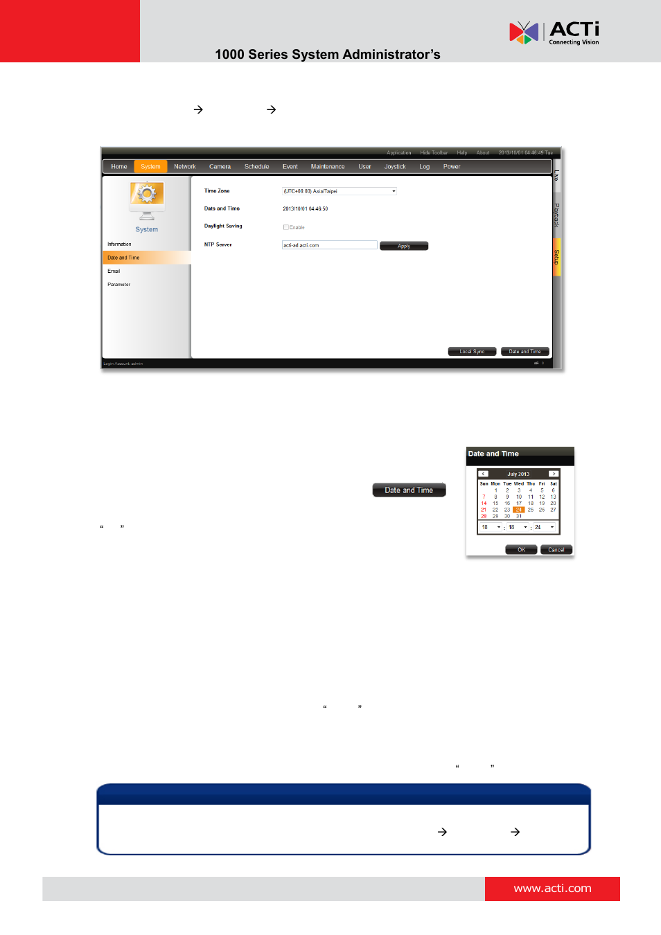 Set date & time, Change time zone, Change date and time | Set daylight saving, Set ntp server, Enr- 1000 series system administrator’s manual | ACTi ENR-1000 User Manual | Page 95 / 143