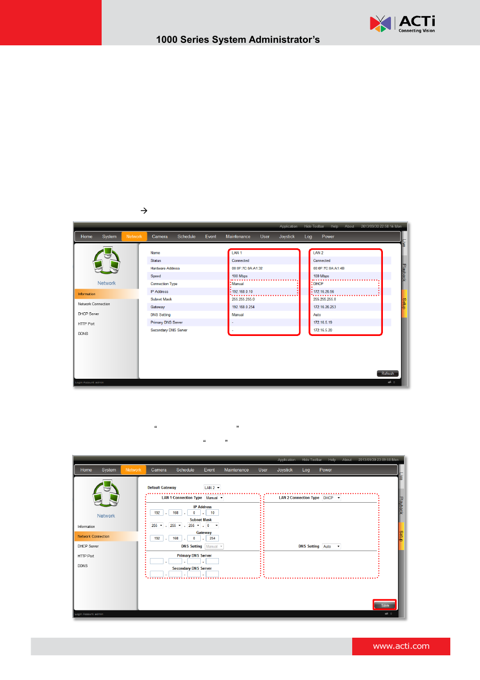 Configure network settings, Current ip configurations, Ip settings | Enr- 1000 series system administrator’s manual | ACTi ENR-1000 User Manual | Page 97 / 143