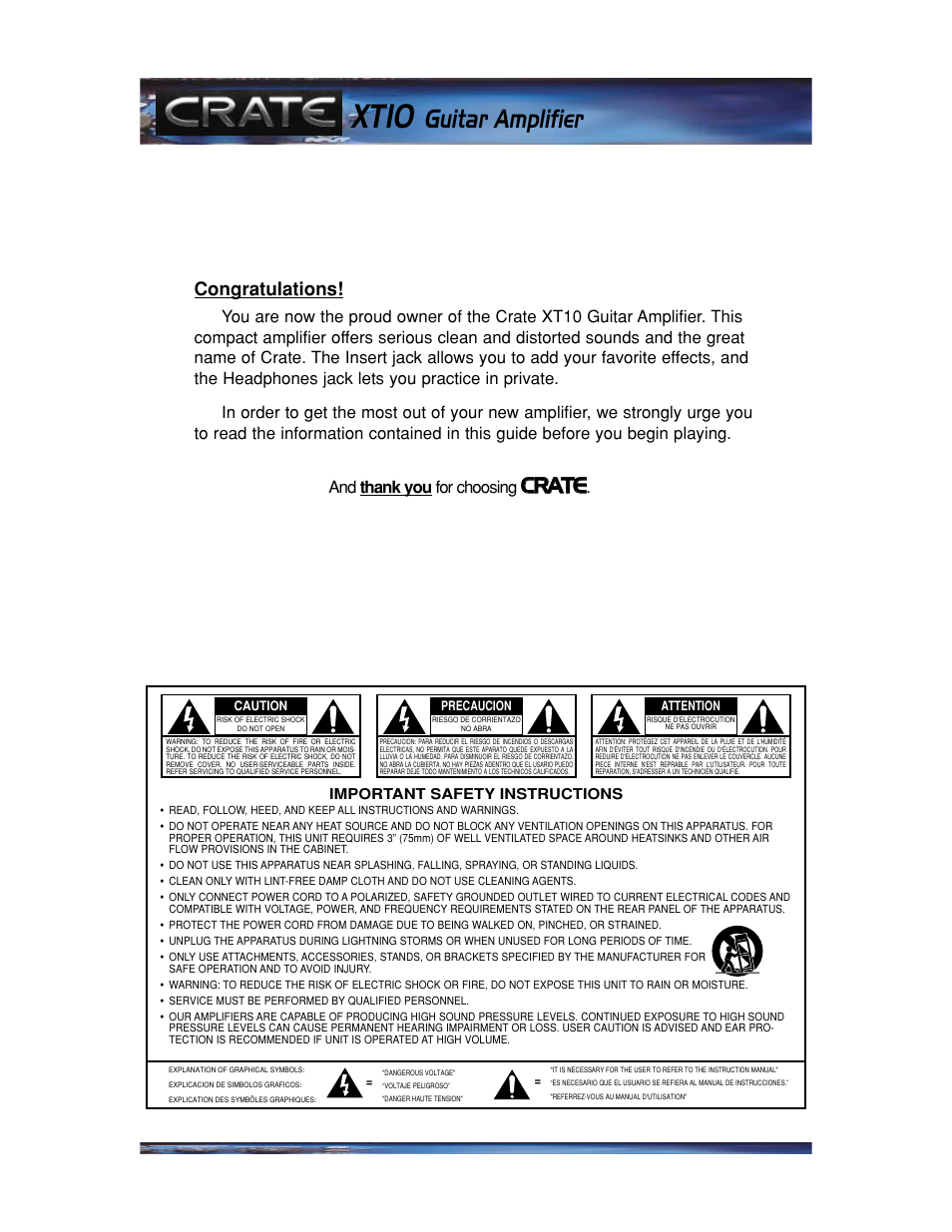 Xt10, Guitar amplifier, Ccr ra at te e | Crate Amplifiers XT10 User Manual | Page 2 / 4
