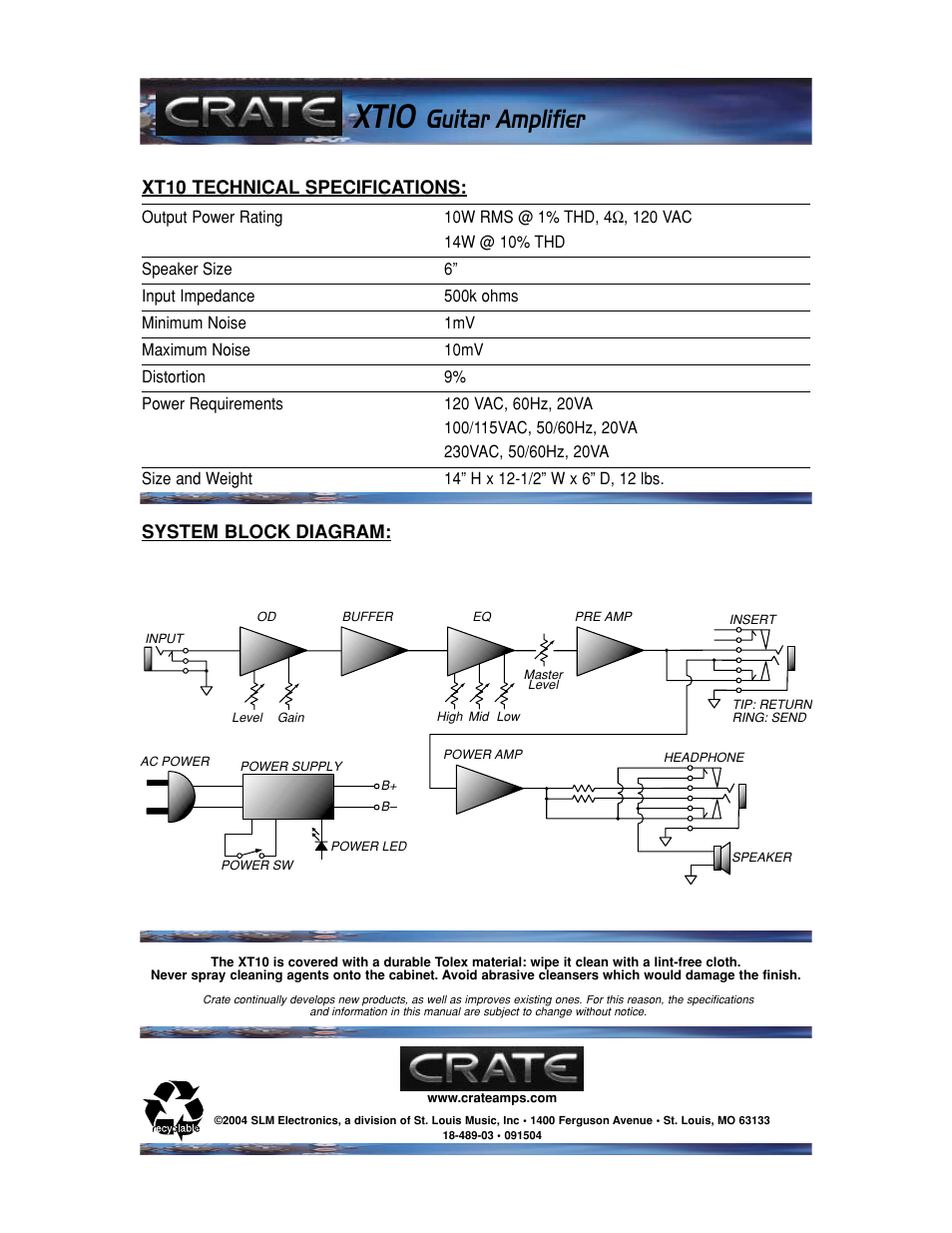 Xt10, Guitar amplifier, Xt10 technical specifications | System block diagram | Crate Amplifiers XT10 User Manual | Page 4 / 4