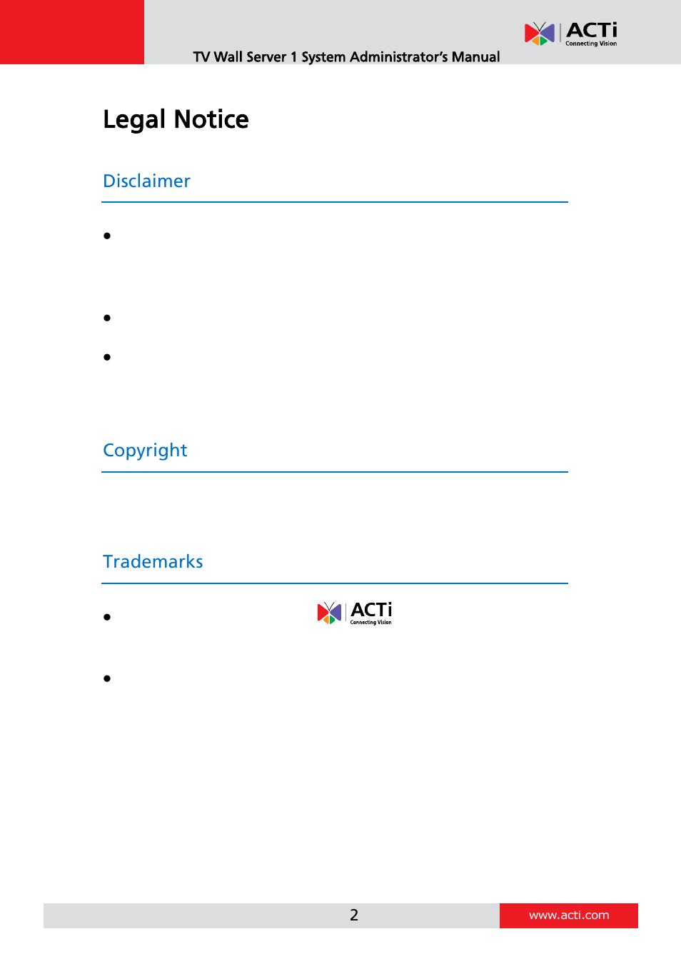 Legal notice, Disclaimer, Copyright | Trademarks | ACTi TV Wall Server 1 V1.0.05 User Manual | Page 2 / 35