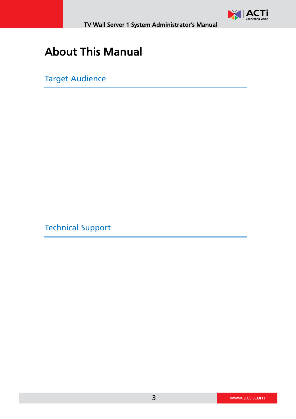 About this manual, Target audience, Technical support | ACTi TV Wall Server 1 V1.0.05 User Manual | Page 3 / 35