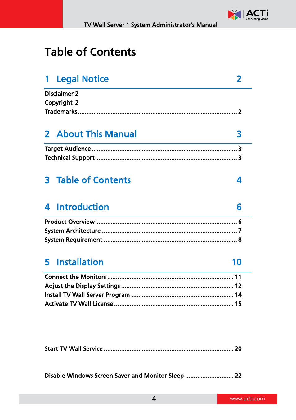 ACTi TV Wall Server 1 V1.0.05 User Manual | Page 4 / 35