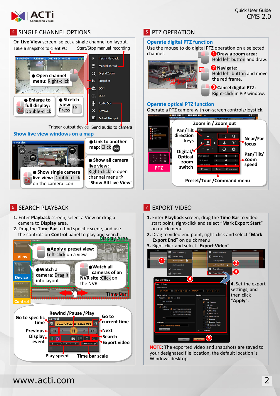 Single channel options, Ptz operation, Search | Playback, Export video, Cms 2.0 | ACTi CMS 2 User Manual | Page 2 / 2