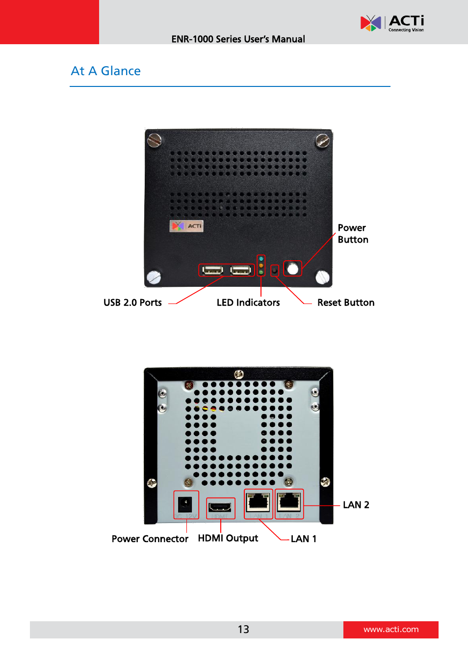 At a glance, Front panel, Rear panel | ACTi ENR-1000 User Manual | Page 13 / 35