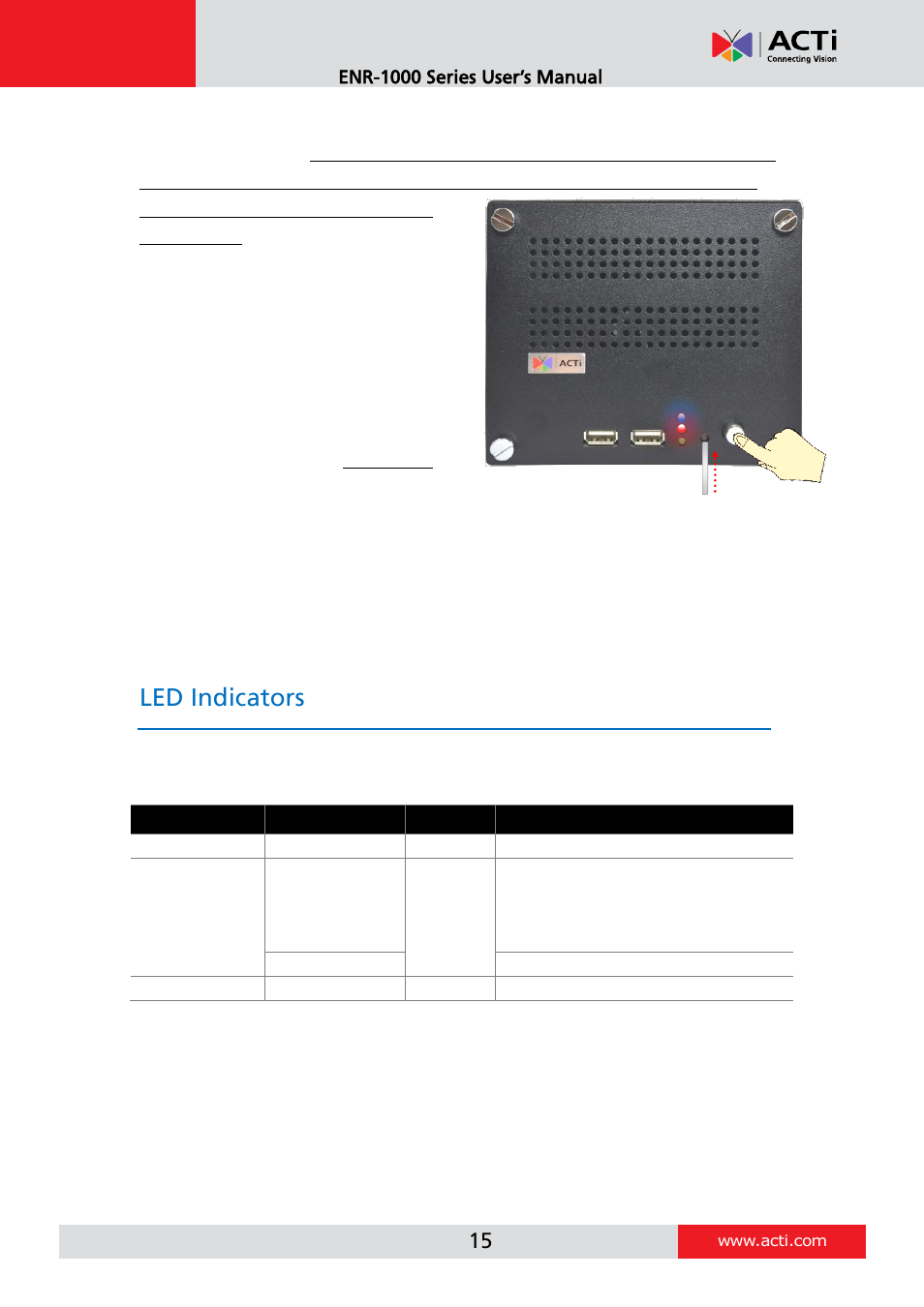 Reset to factory default, Led indicators | ACTi ENR-1000 User Manual | Page 15 / 35