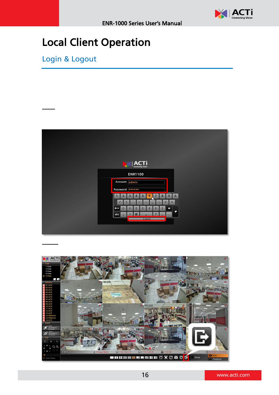 Local client operation, Login & logout | ACTi ENR-1000 User Manual | Page 16 / 35