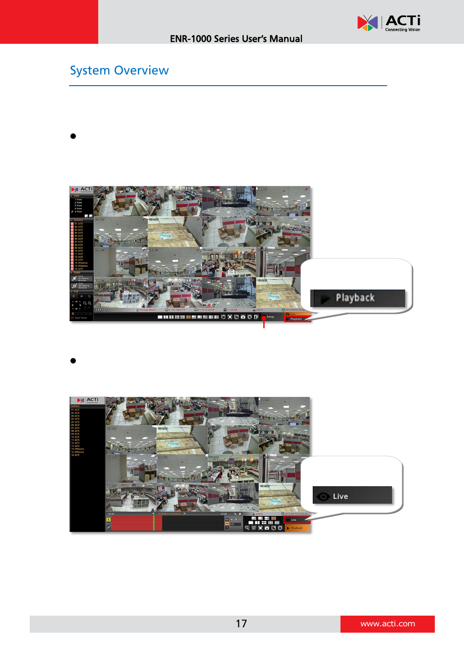 System overview, Main screen introduction | ACTi ENR-1000 User Manual | Page 17 / 35