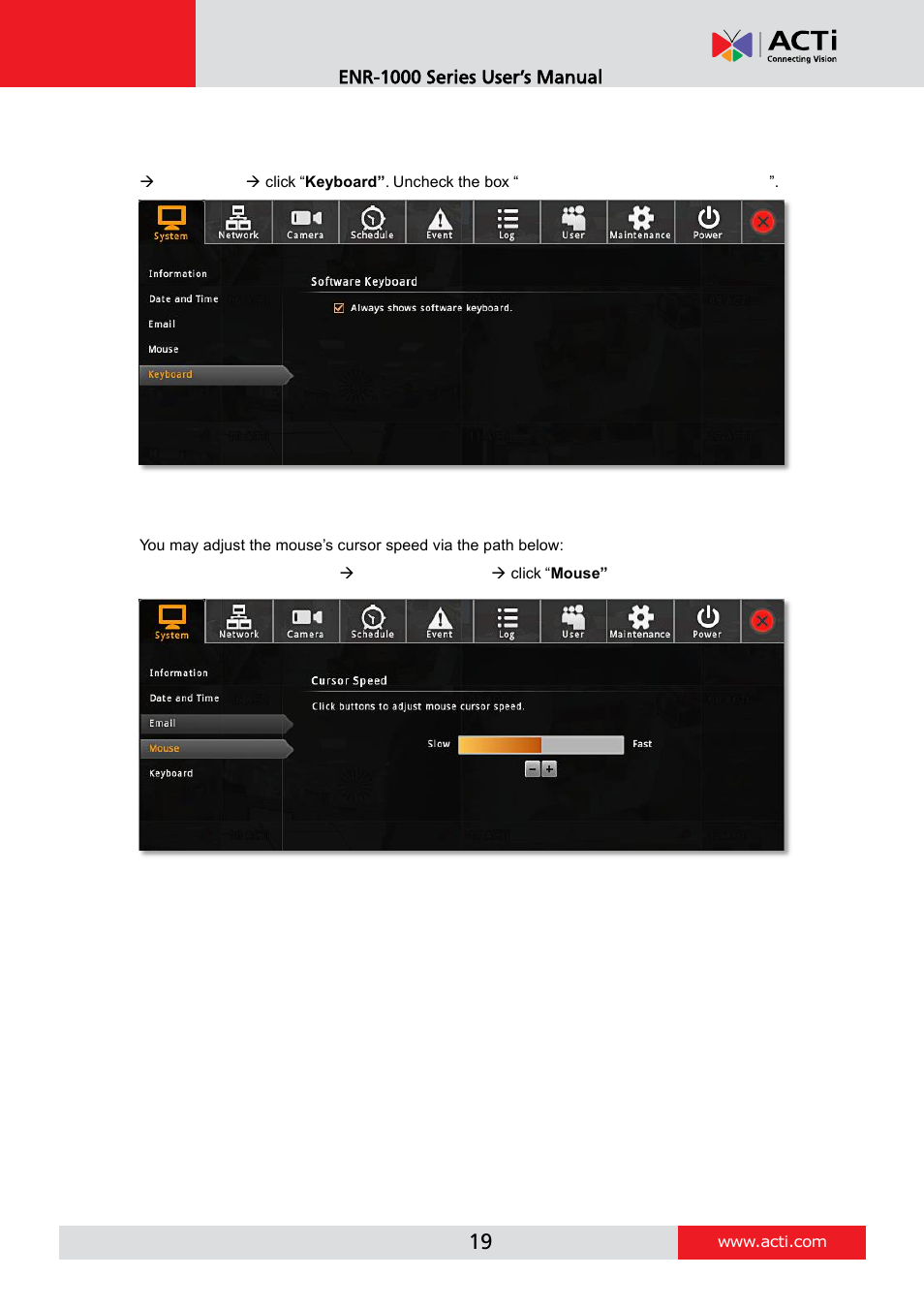 Onscreen keyboard settings, Mouse settings | ACTi ENR-1000 User Manual | Page 19 / 35