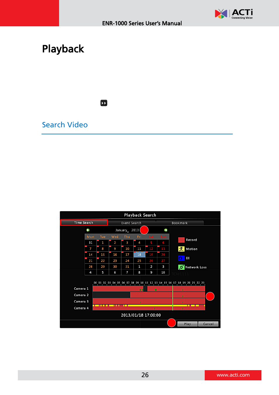 Playback, Search video, Time search | ACTi ENR-1000 User Manual | Page 26 / 35