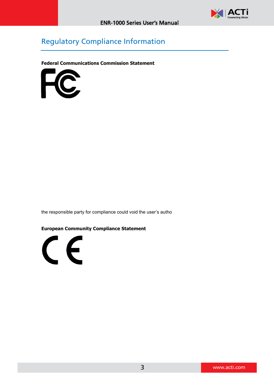 Regulatory compliance information | ACTi ENR-1000 User Manual | Page 3 / 35