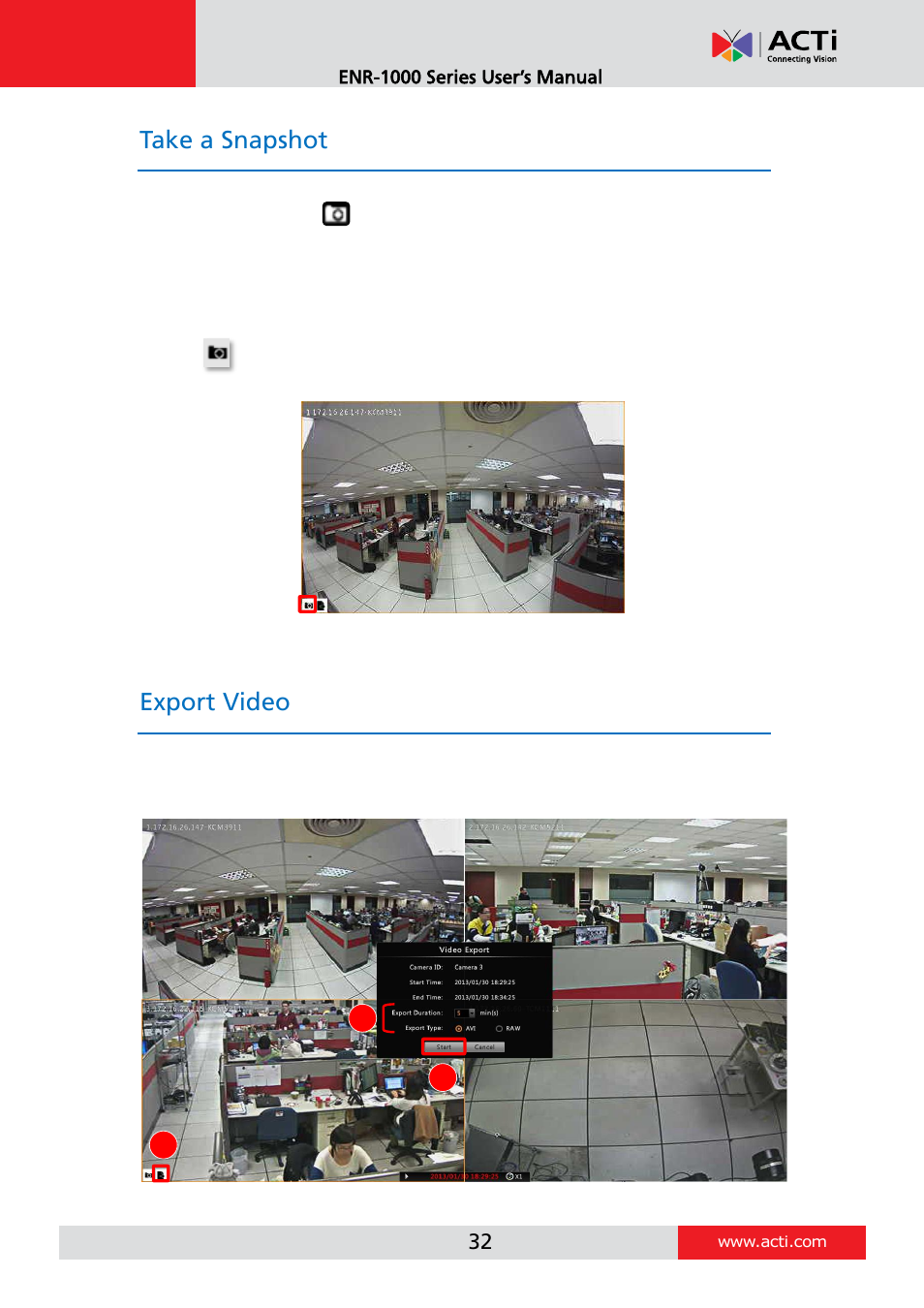 Take a snapshot, Export video | ACTi ENR-1000 User Manual | Page 32 / 35