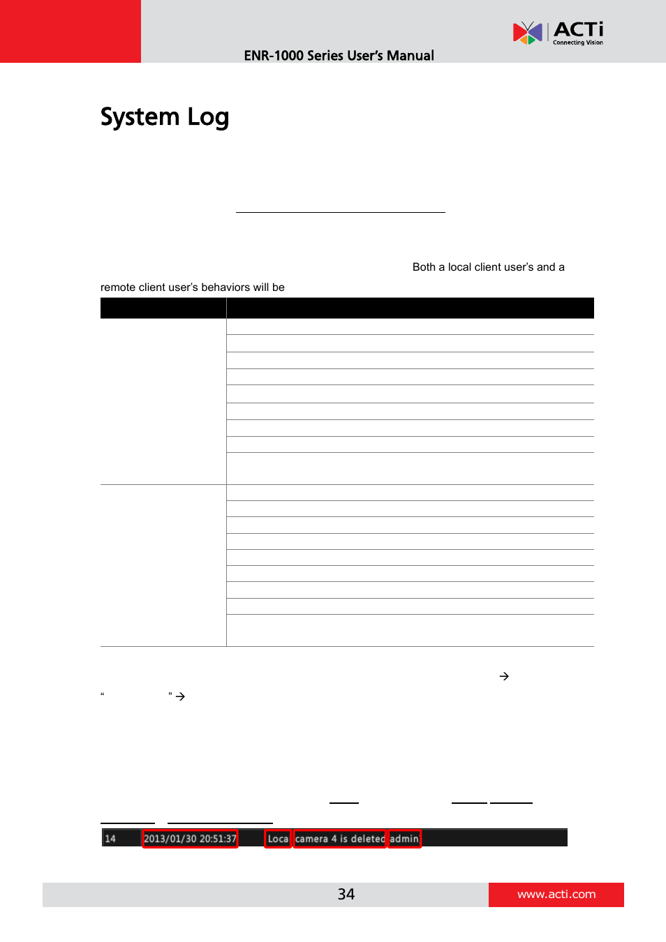 System log, Search log | ACTi ENR-1000 User Manual | Page 34 / 35