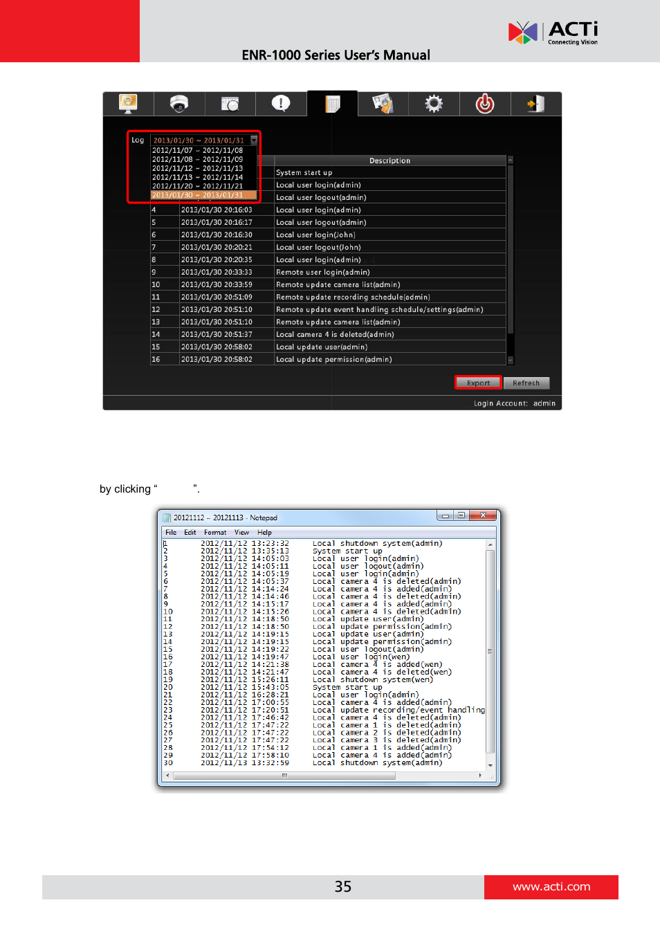 Export log | ACTi ENR-1000 User Manual | Page 35 / 35