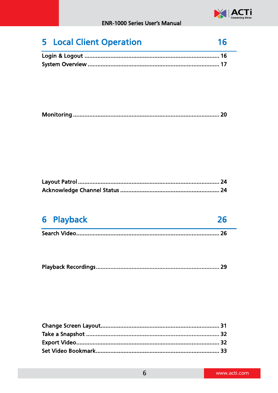 5 local client operation 16, 6 playback 26 | ACTi ENR-1000 User Manual | Page 6 / 35