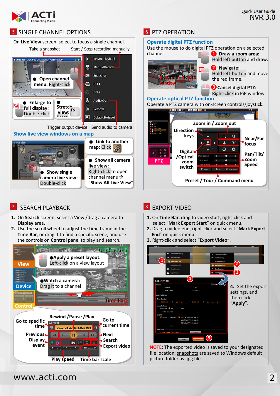 Single channel options, Ptz operation, Search | Playback, Export video | ACTi NVR 3 User Manual | Page 2 / 2