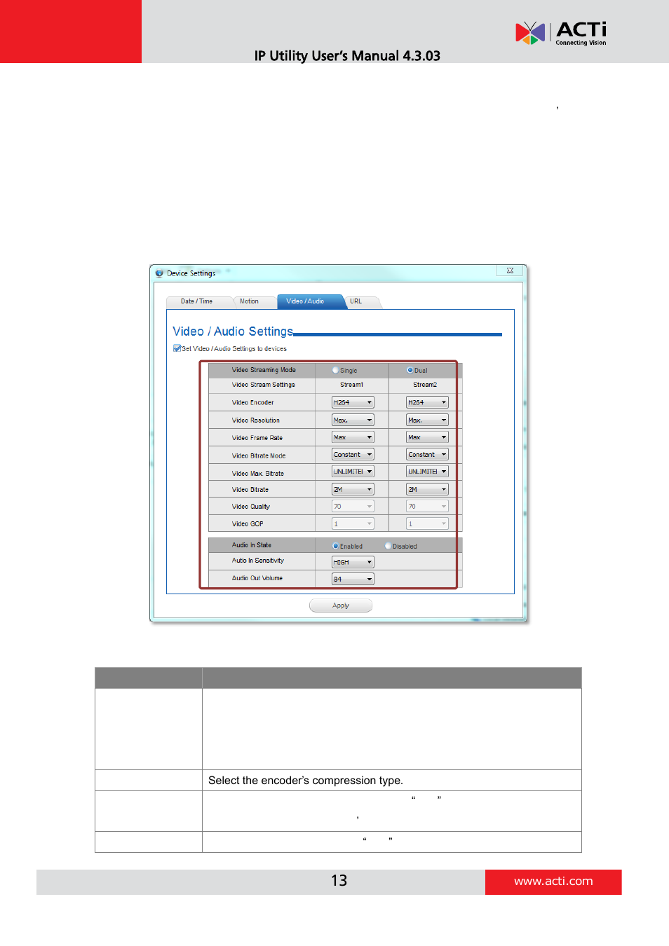 Configuring the video / audio settings, 13 configuring the video / audio settings | ACTi IP Utility V4.3.03 User Manual | Page 13 / 20