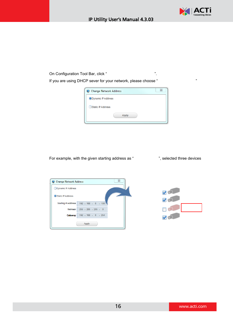 How to change device ip address, Ip utility user’s manual 4.3.03 | ACTi IP Utility V4.3.03 User Manual | Page 16 / 20