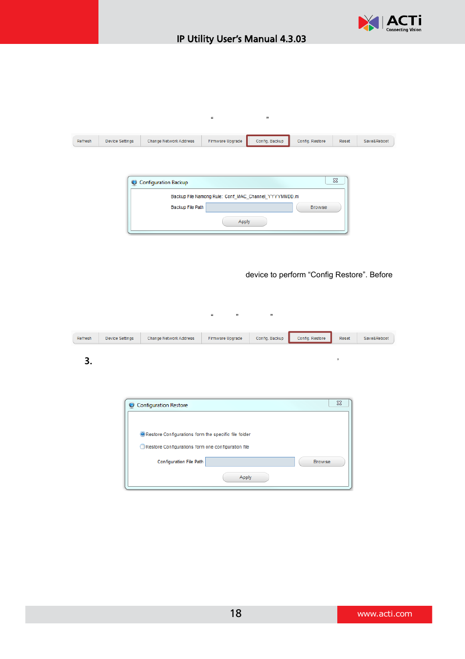 Making backup of the device configurations, Restoring the device configurations | ACTi IP Utility V4.3.03 User Manual | Page 18 / 20