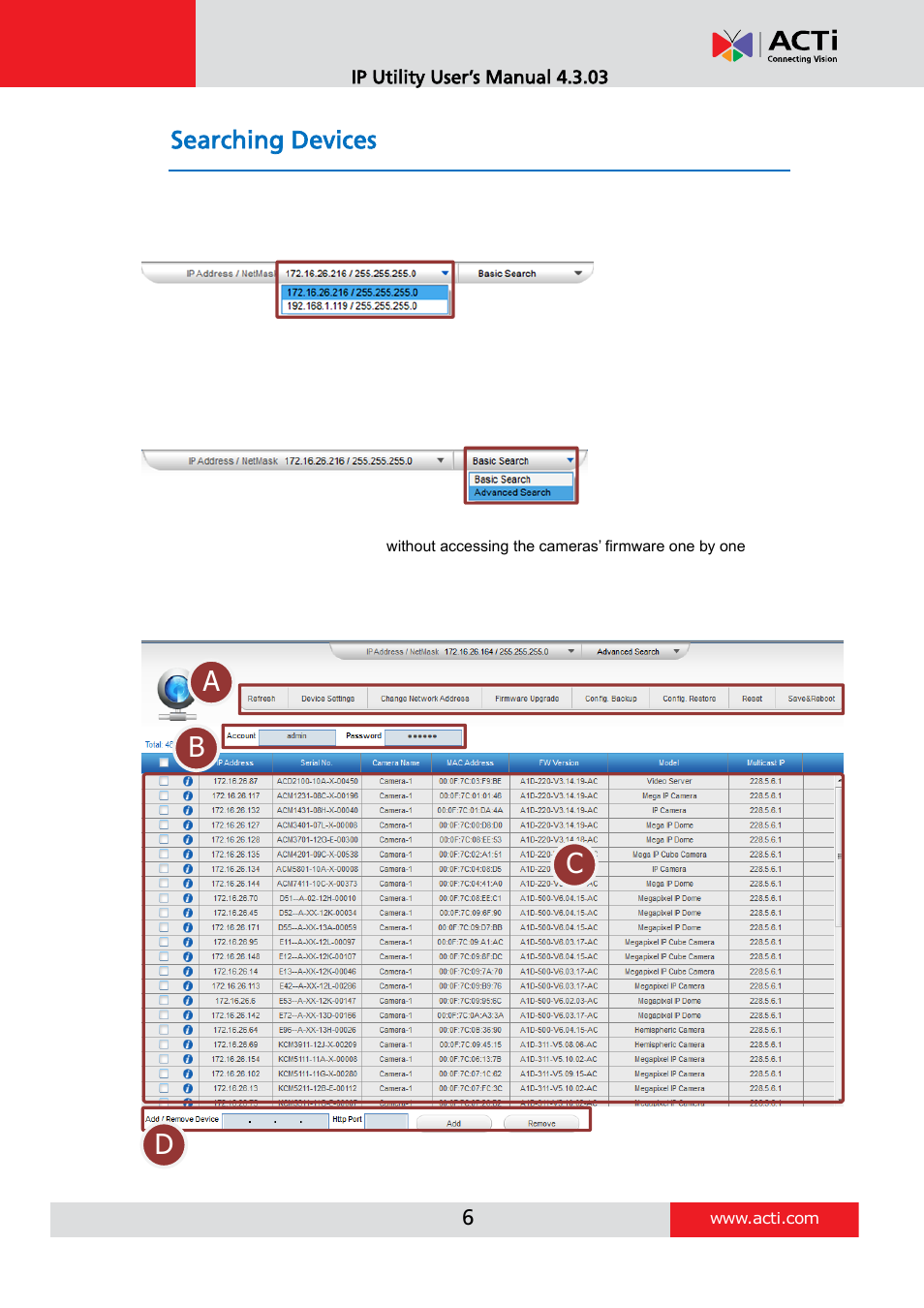 Searching devices, Bc d, Configuration tool bar | Global setting parameter, Device list, Manual input bar | ACTi IP Utility V4.3.03 User Manual | Page 6 / 20