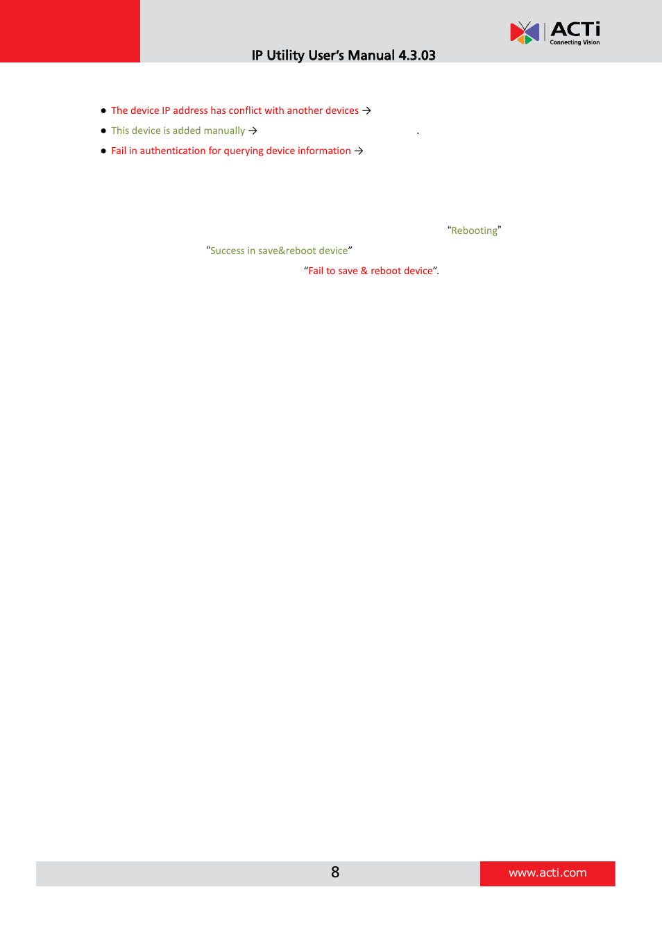 Configuration status, Ip utility user’s manual 4.3.03 | ACTi IP Utility V4.3.03 User Manual | Page 8 / 20