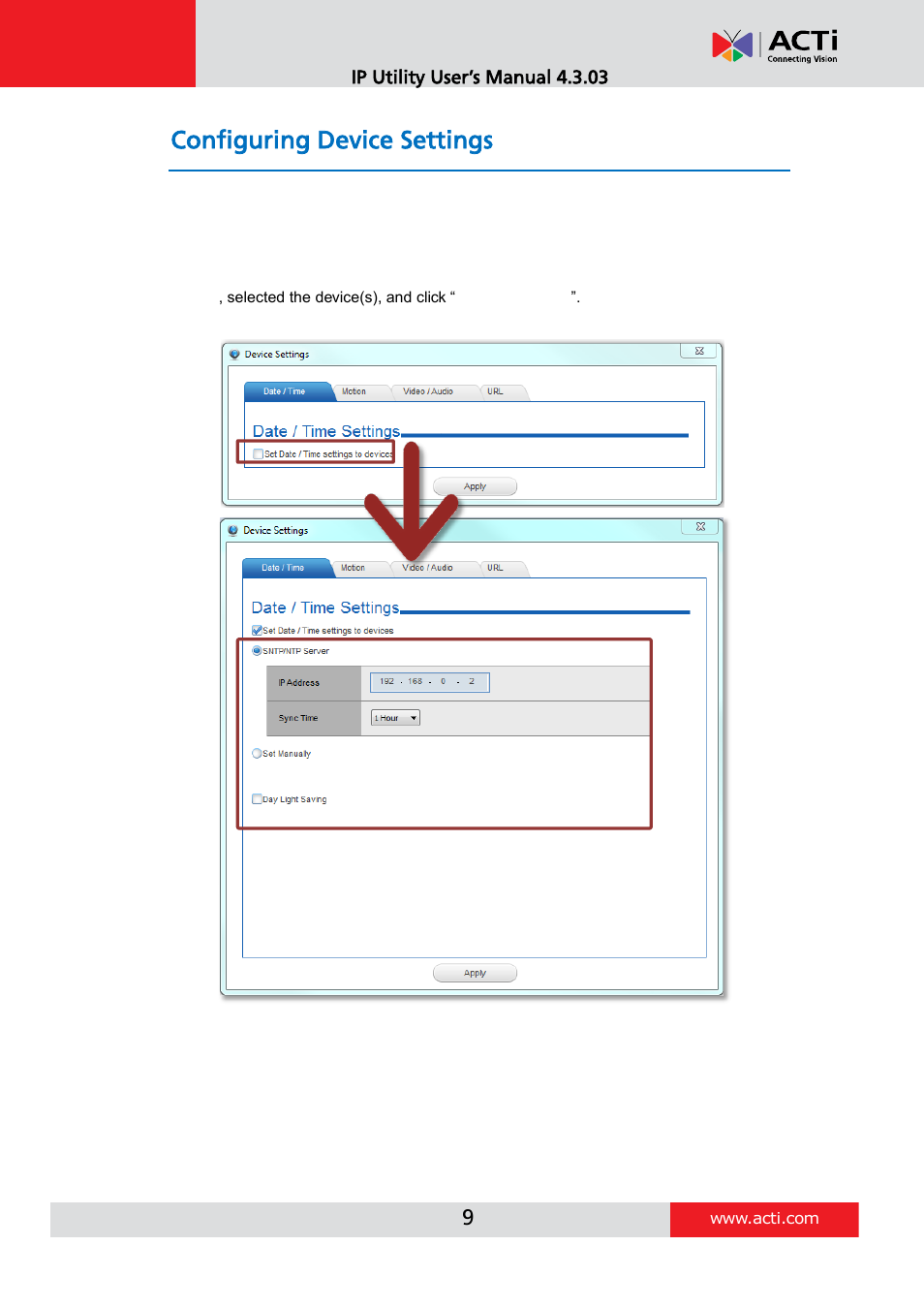 Configuring device settings | ACTi IP Utility V4.3.03 User Manual | Page 9 / 20