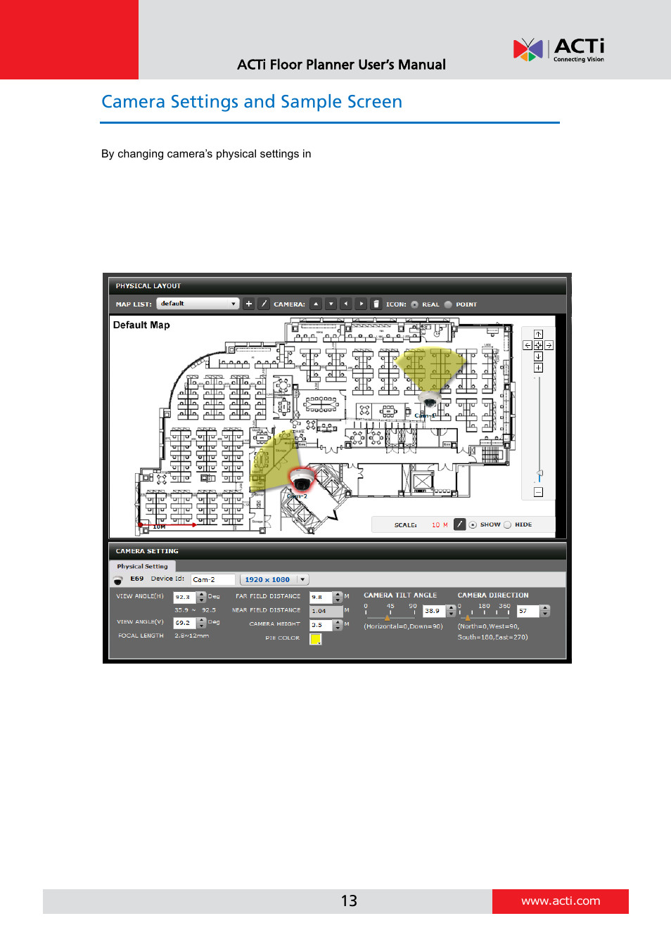 Camera settings and sample screen, Physical settings | ACTi Floor Planner V2.3.2 User Manual | Page 13 / 31