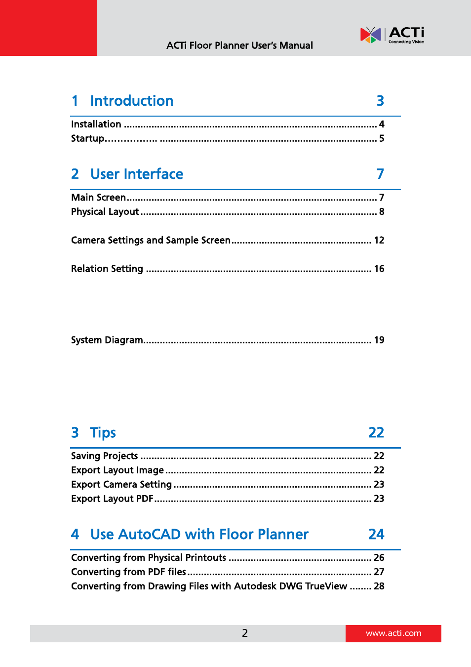 1 introduction 3, 2 user interface 7, 3 tips 22 | 4 use autocad with floor planner 24 | ACTi Floor Planner V2.3.2 User Manual | Page 2 / 31