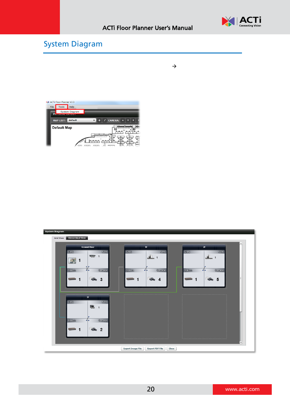 System diagram, Grid view | ACTi Floor Planner V2.3.2 User Manual | Page 20 / 31