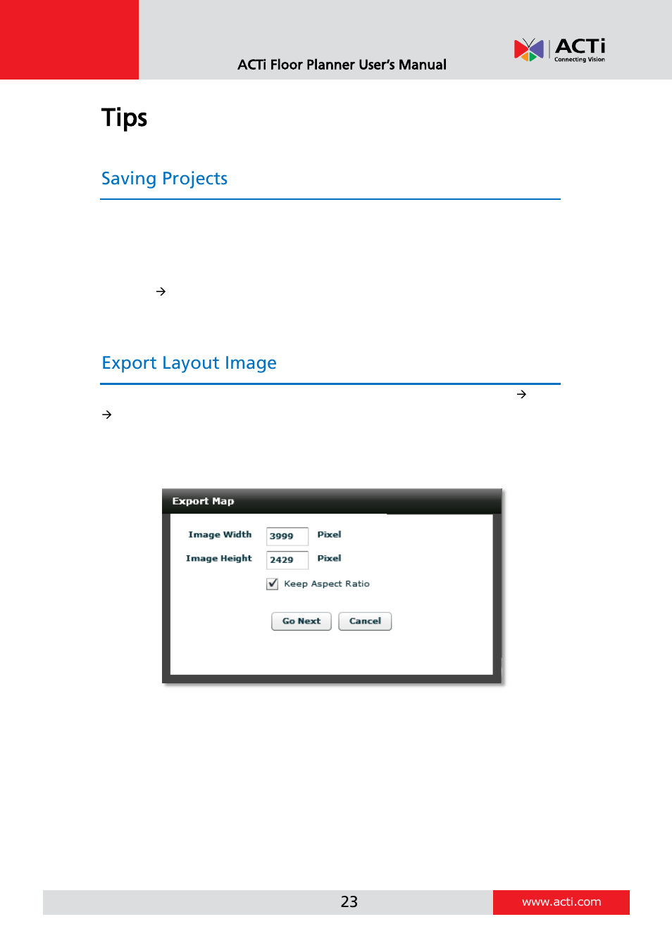 Tips, Saving projects, Export layout image | ACTi Floor Planner V2.3.2 User Manual | Page 23 / 31