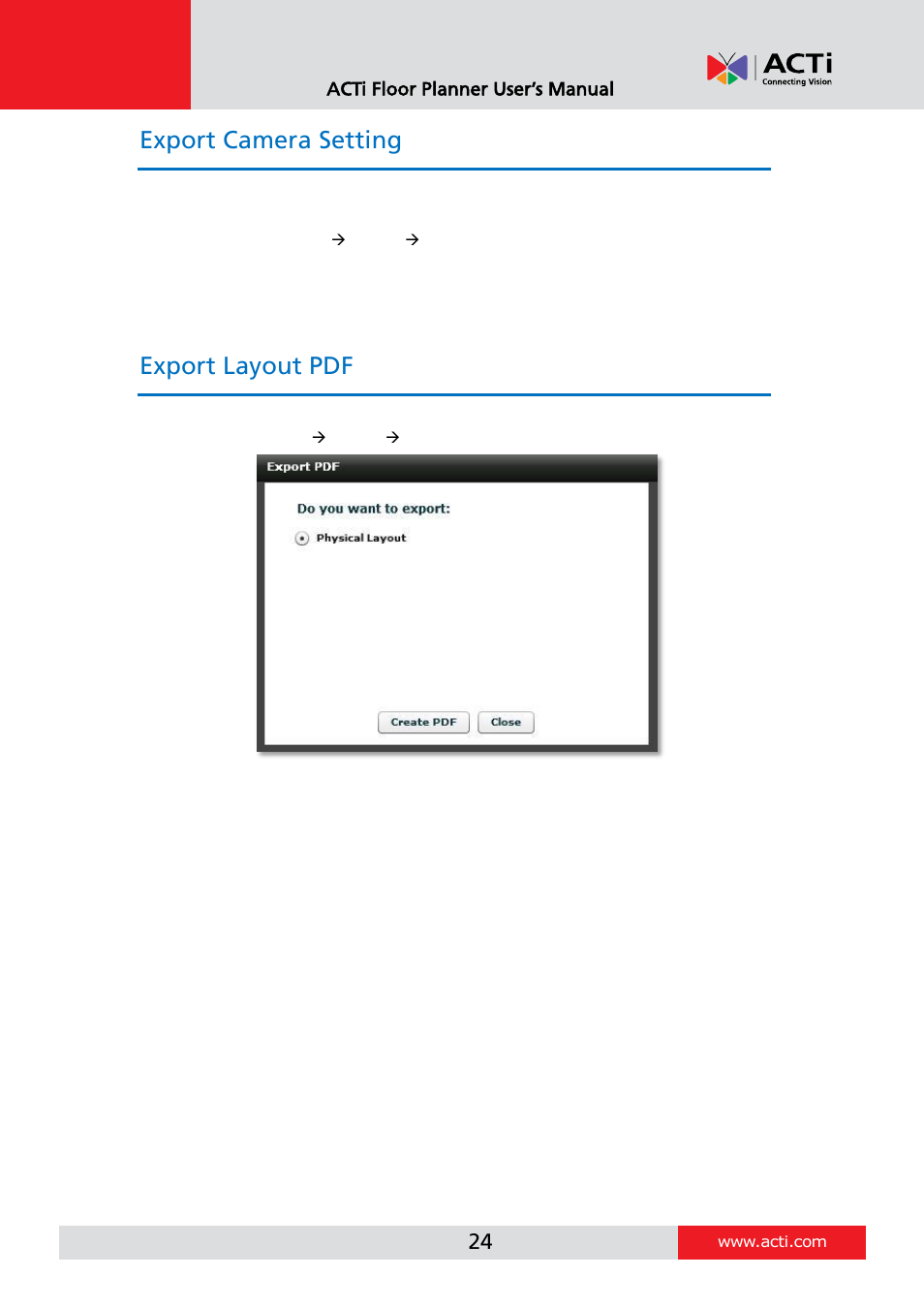 Export camera setting, Export layout pdf | ACTi Floor Planner V2.3.2 User Manual | Page 24 / 31