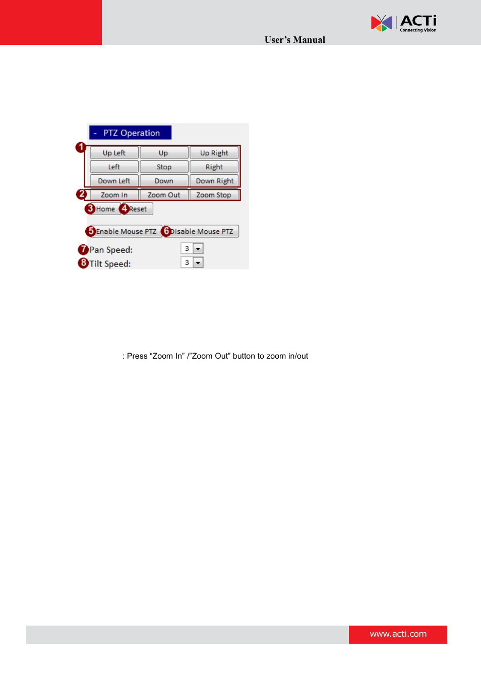 Streaming explorer user’s manual, Ptz operation | ACTi Streaming Explorer V.2.1.09 User Manual | Page 8 / 14