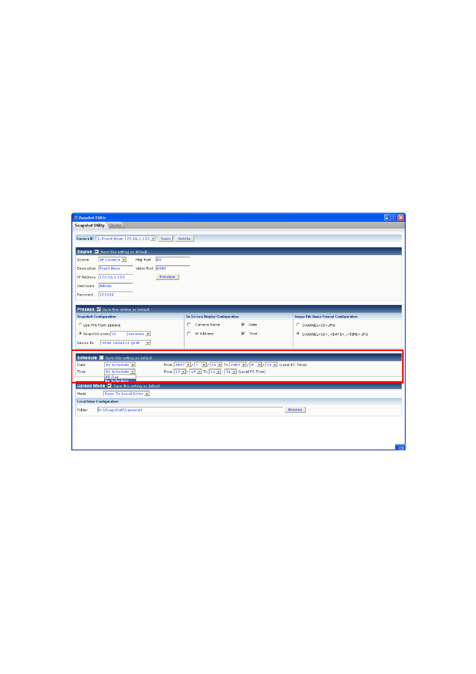 Image file name format configuration, Step4.setup schedule, Etup | Chedule, Igure | ACTi Snapshot Utility V.2.1.06 User Manual | Page 11 / 16