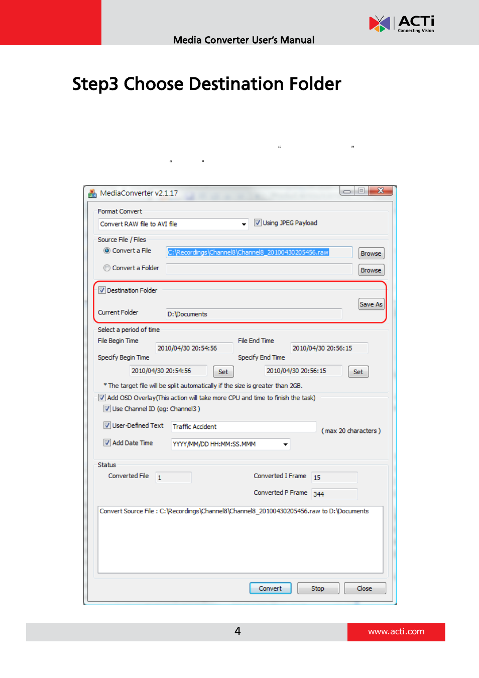 Step3 choose destination folder | ACTi Media Converter V.2.1.26.16 User Manual | Page 4 / 8