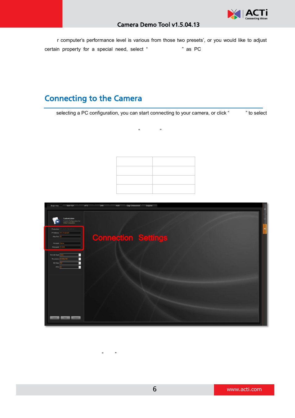 Connecting to the camera, Connection settings | ACTi Camera_Demo_Tool V1.5.04.13 User Manual | Page 6 / 18