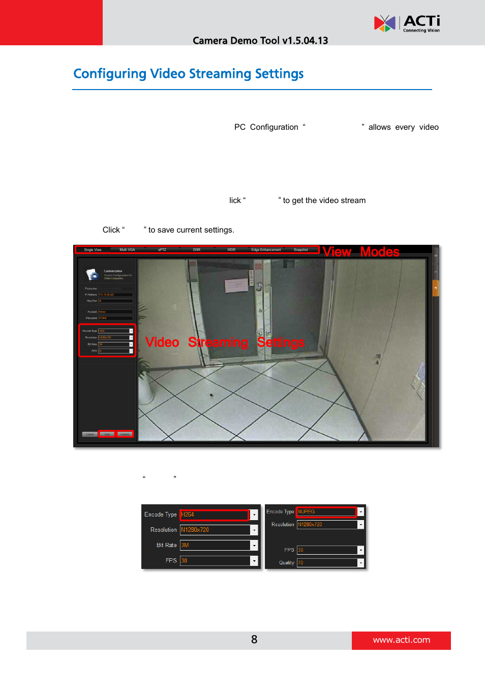 Configuring video streaming settings, Video streaming settings view modes | ACTi Camera_Demo_Tool V1.5.04.13 User Manual | Page 8 / 18