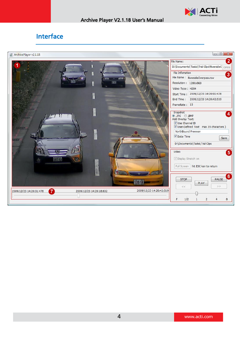 Interface, Display area, File name | File information | ACTi Archive Player V.2.1.18 User Manual | Page 4 / 6