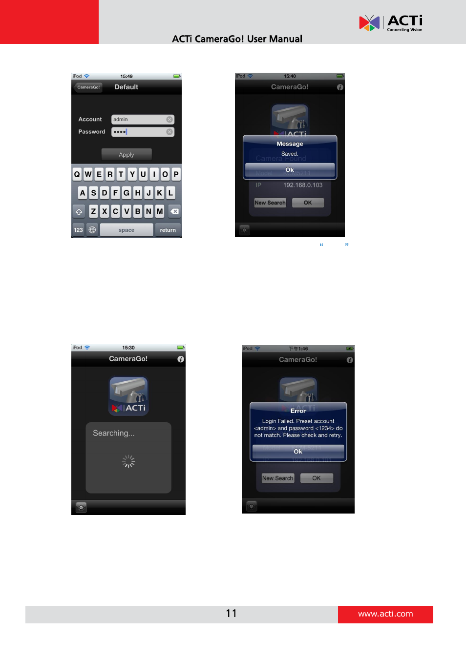 Connection or login failure | ACTi Camera Go! V1.5.10 User Manual | Page 11 / 17