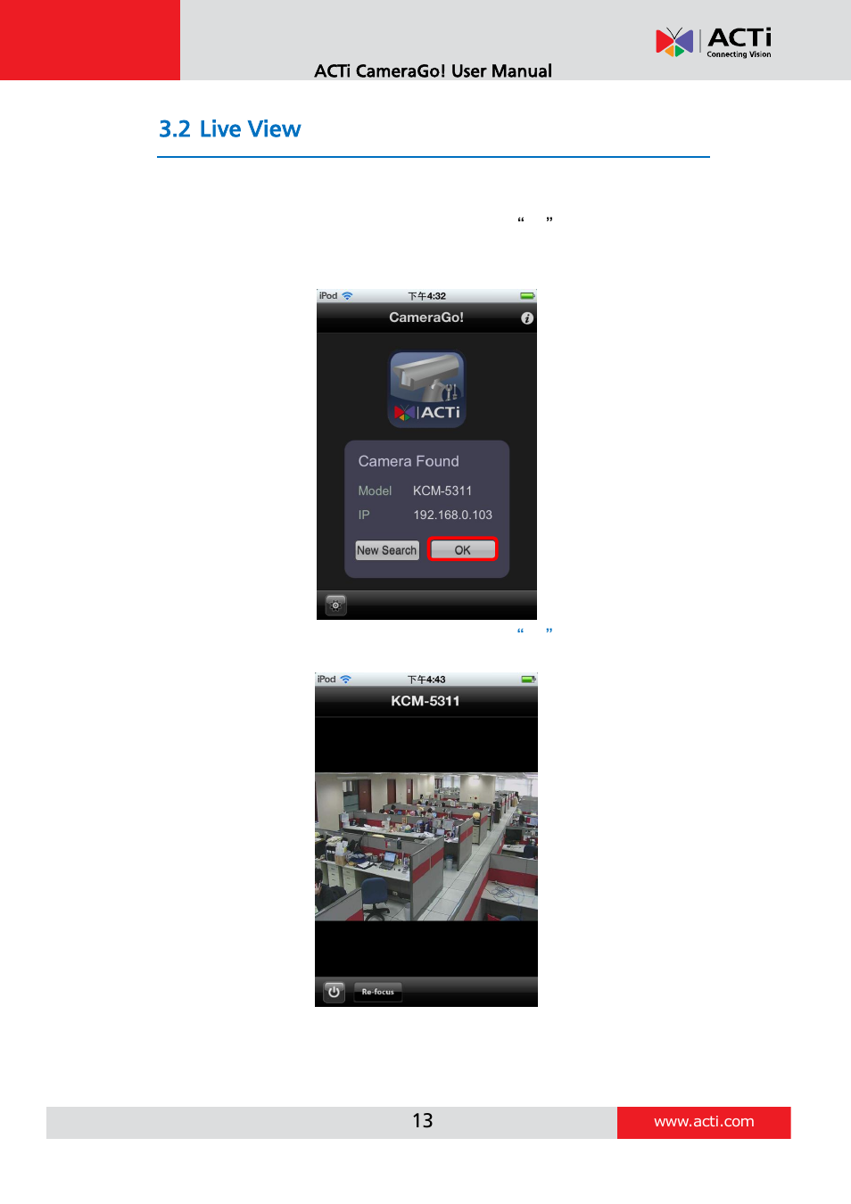 Live view, 2 live view | ACTi Camera Go! V1.5.10 User Manual | Page 13 / 17