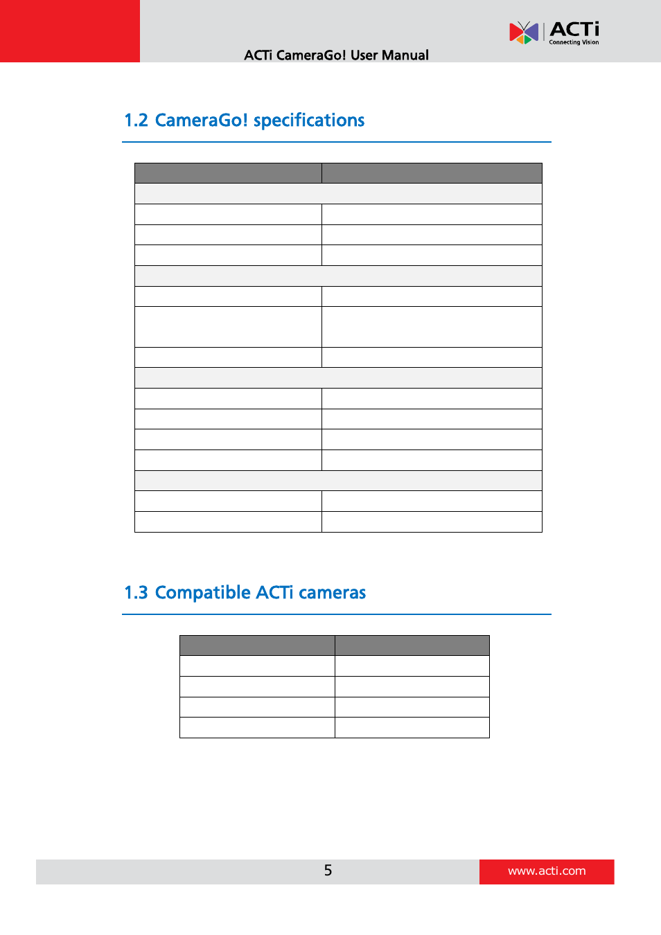 Camerago! specifications, Compatible acti cameras, 2 camerago! specifications | 3 compatible acti cameras | ACTi Camera Go! V1.5.10 User Manual | Page 5 / 17