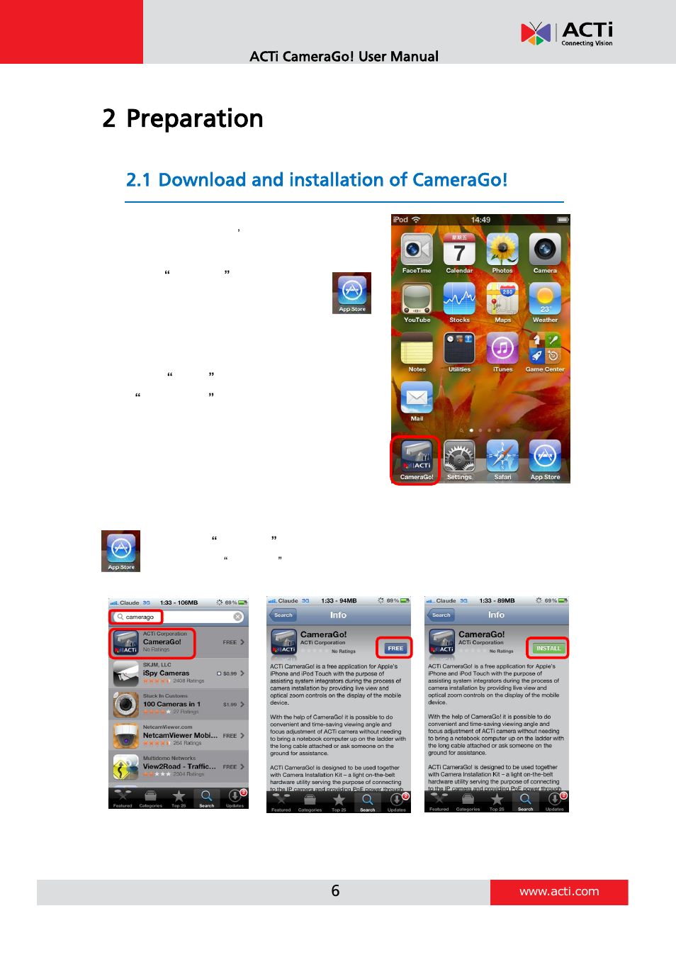 Preparation, Download and installation of camerago, 2 preparation | 1 download and installation of camerago | ACTi Camera Go! V1.5.10 User Manual | Page 6 / 17